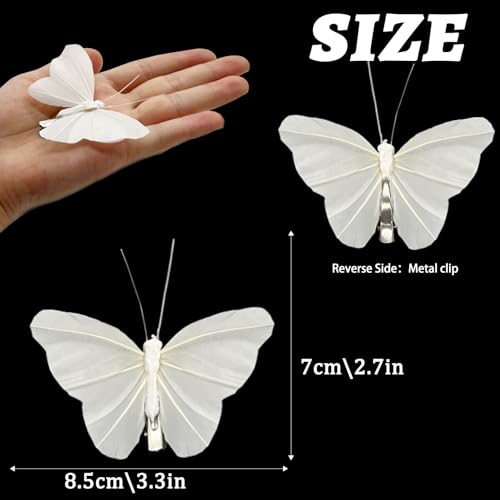 12PCS Artificial White Feather 3D Butterfly On Clip 4.9-Inch Realistic Butterflies for Spring Wreaths Crafts Christmas Tree Decorations Wedding Bouquets Decor (White)