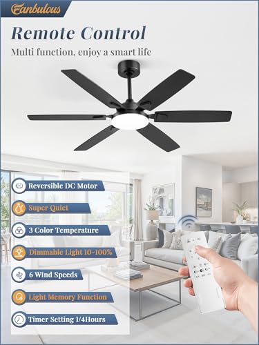 Black 52 Inch Ceiling Fan with Lights Remote Control & 2 Downrods