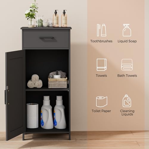 Bathroom Corner Storage Cabinet with Drawer & Adjustable Shelf - Black 15.7W