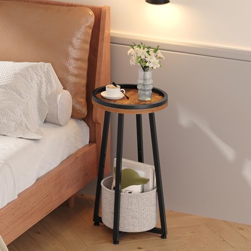 Rustic Brown Small Round Side Table with 2-Tier Design - Compact Sofa End Table