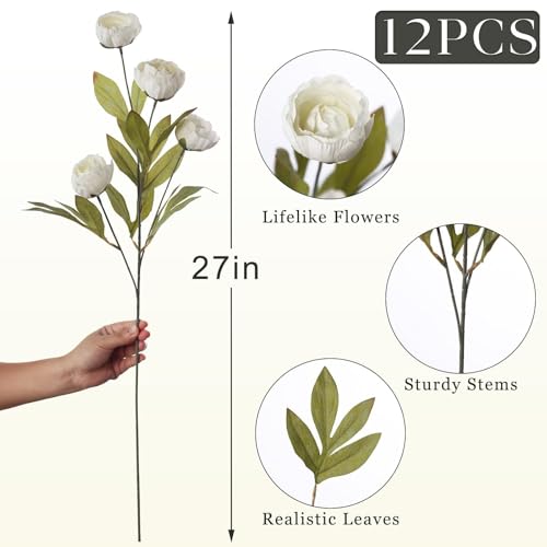 Cream Faux Silk Peony Artificial Flowers Stems - 12 Pack, 27 Inch for Vase & DIY Decor