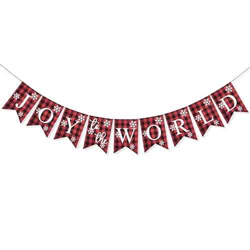 Uniwish Joy to the World Banner Christmas Decorations Buffalo Plaid Xmas Sign Winter Holiday Christmas Office Home Decor for Wall Farmhouse Indoor Outdoor Party Supplies