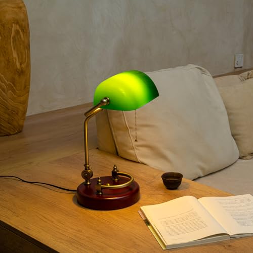 NUSRAN Green Glass Bankers Desk Lamp with Solid Birch Wood Base and Pull Chain Switch