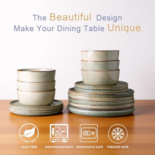 Reactive Glaze Stoneware Dinnerware Set for 4 - 12 Pieces, Plates & Bowls