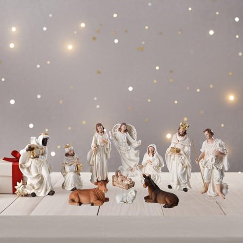Ovewios 11-Piece White Nativity Set Figurines | Hand Resin Baby Jesus Holy Family Indoor Decor
