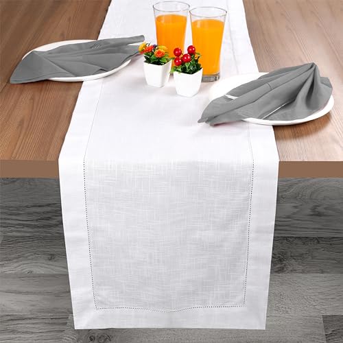 Light & Pro White Cotton Table Runner 16x90 Inches Hemstitched for Dining & Events