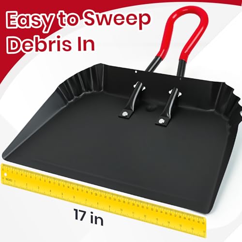 Heavy Duty Metal Dustpan Set - 17” Large Outdoor Debris Sweepers with Rubber Handles
