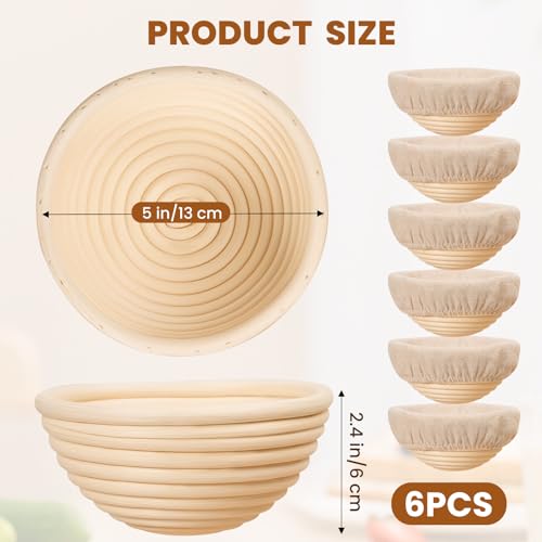 Mini Banneton Bread Proofing Baskets Set - 6 Pack 5 Inch Round Rattan Baskets