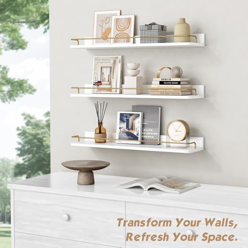 24 Inch Bathroom Floating Shelves Set of 3 Wall Mounted with Rail White and Gold Variation