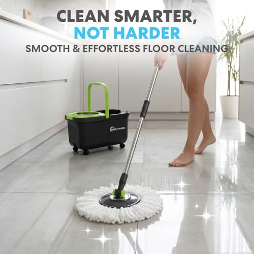 Black/Green Spin Mop and Bucket Set with Microfiber Heads & Soap Dispenser