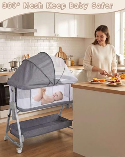 Grey 3-in-1 Bedside Bassinet for Baby with Mattress & Wheels - Adjustable Height
