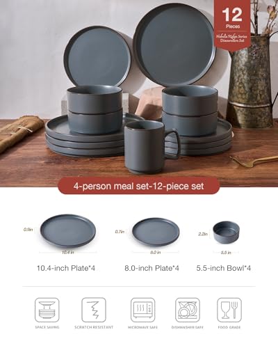 Famiware Nebula Ridge 12-Piece Charcoal Stoneware Dinnerware Set for 4