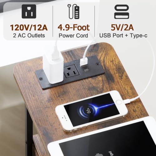LOAKEKEL Rustic Brown Nightstand with Charging Station & LED Light - Narrow End Table for Living Room