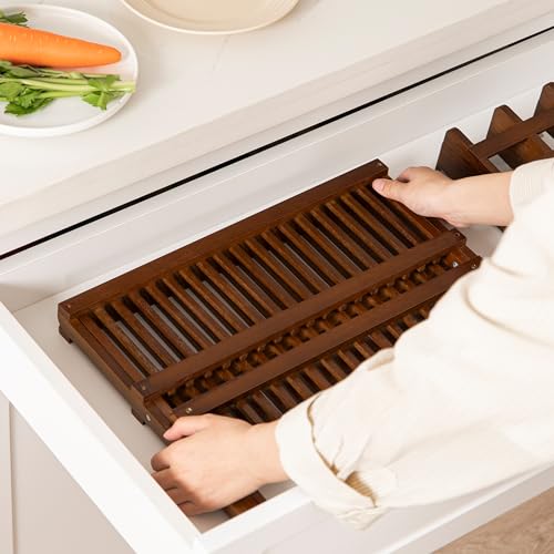 Teak Folding 2-Tier Dish Rack with Utensil Holder - Collapsible Kitchen Drying Stand
