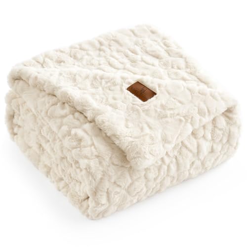 Cream White Faux Fur Throw Blanket - 55 x 70 Inch Reversible Plush Couch Blanket - Cozy Bliss