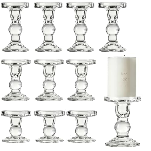 12 Pcs Clear Glass Candle Holders Set of 3 Heights - Pillar & Tealight Candlestick Holders