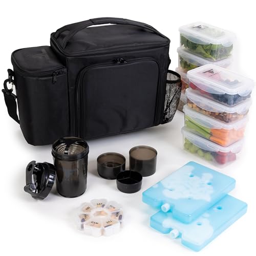 Insulated Meal Prep Lunch Bag with 8 Containers & Accessories - Large Black