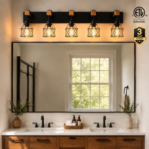 Vivihobb Farmhouse Bathroom Light Fixtures 5-Light Black Wood Vanity Over Mirror