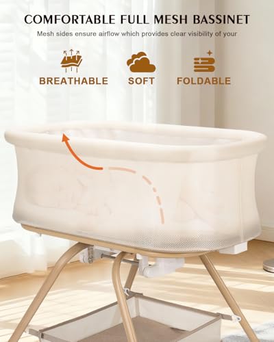 3-in-1 Baby Bassinet Bedside Sleeper with Mesh, Soft Mattress & Storage Basket - Beige