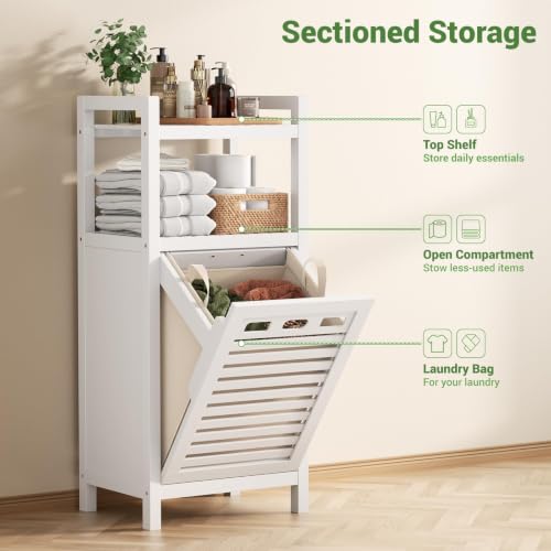 Homykic White Bamboo Tilt-Out Laundry Hamper Cabinet with Removable Bag