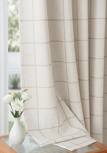 Green 40W x 84L Inches Pinch Pleated Blackout Gingham Curtains Set of 2 - Modern Linen Checkered Drapes for Living Room & Bedroom