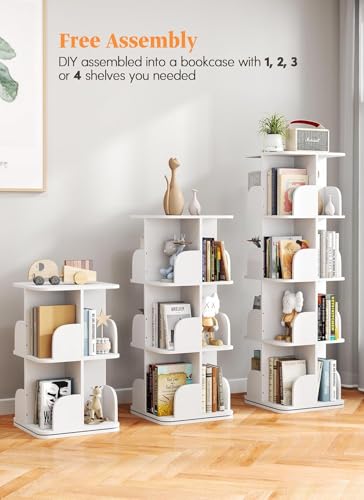 White Rotating Bookshelf Tower, 4-Tier Spinning Corner Bookcase for Small Spaces