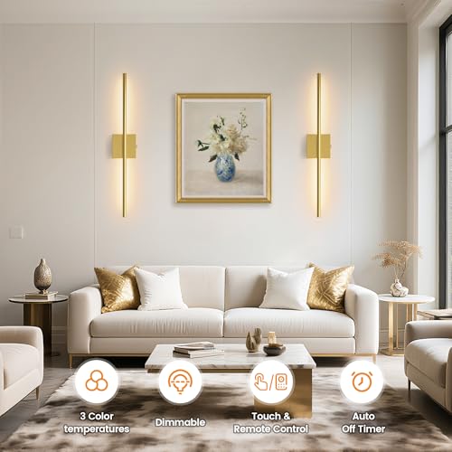 Wireless Battery Wall Sconces Set of 2 - 27.6 Inch Gold Dimmable 3000K-6500K with Remote