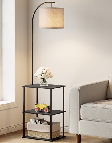 PARTPHONER Black Floor Lamp with Table, Nightstand & 3CCT LED Bulb, Modern End Table for Living Room & Bedroom