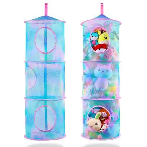 Basumee Stuffed Animals Net or Hammock 2 Pcs Stuffed Animals Storage Toy Net Hammock for Plushies Storage Organizer Mesh Kids Girls Room Decor, Blue Teal, 3 Tiers
