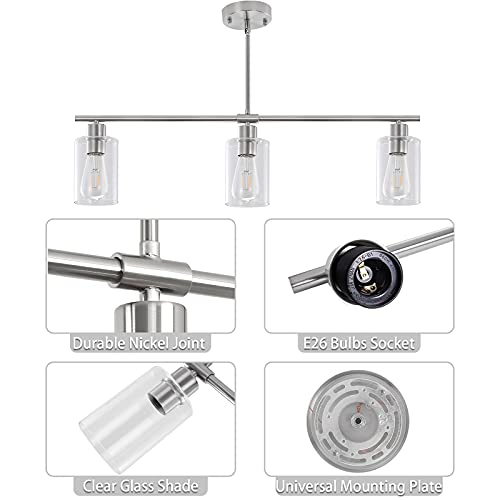 Brushed Nickel 3-Light Kitchen Island Pendant Light with Glass Shades - Adjustable Modern Linear Chandelier