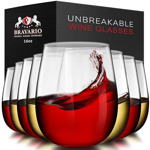 Bravario 16 oz Unbreakable Plastic Wine Glasses Set of 8 - Shatterproof, Dishwasher Safe, BPA-Free, Indoor & Outdoor Use
