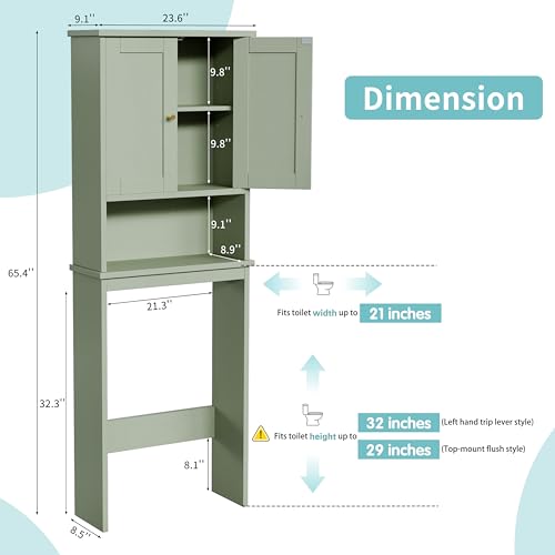 Shintenchi Over the Toilet Storage Cabinet - Green Bathroom Shelving with Adjustable Shelves and Doors