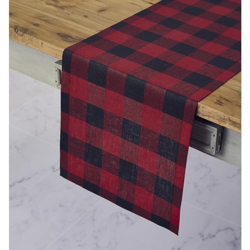 Solino Home Buffalo Check Linen Table Runner 14x72 in, Red & Black
