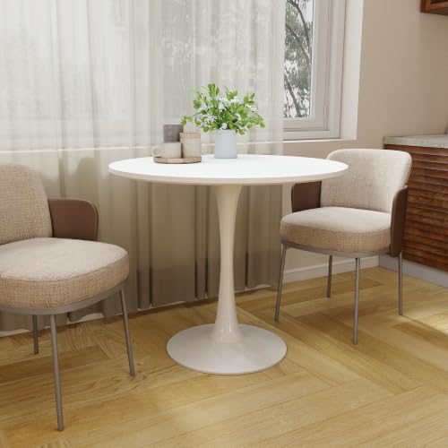 White Small Dining Table with MDF Top & Metal Pedestal Base - Space-Saving Mid-Century Modern Design
