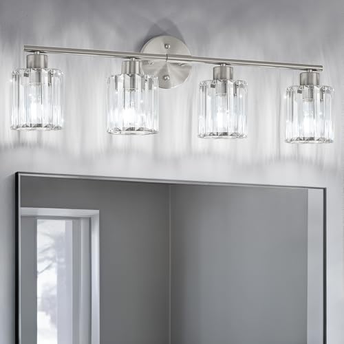 Modern Brushed Nickel Crystal Bathroom Light Fixture - 4-Light, Upward/Downward Mounting
