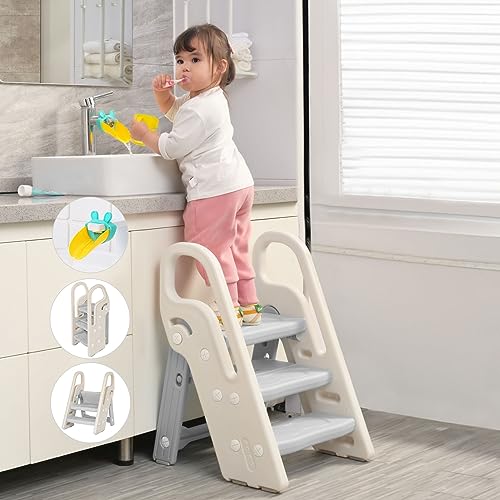 Onasti Gray Foldable 3-Step Stool for Kids Bathroom & Kitchen Helper, Adjustable & Space-Saving
