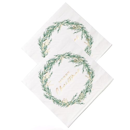Green & Gold Wreath Christmas Paper Napkins - 6.5 x 6.5 Inches, 25-Count
