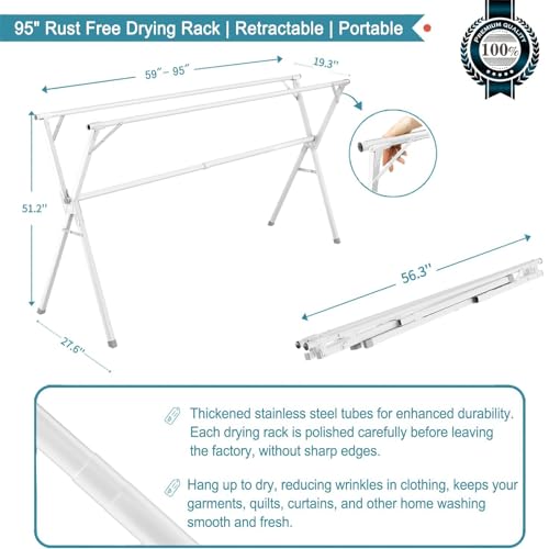 95-Inch Foldable Clothes Drying Rack with 20 Hooks - Heavy Duty Stainless Steel, Indoor Outdoor, White