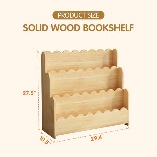 Natural 3-Tier Solid Pine Wood Bookshelf with Scalloped Edges - Montessori Style