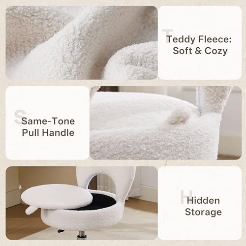 Foldable Vanity Chair with Storage - 15.8-Inch Spacious Seat, White, Adjustable & 360° Swivel