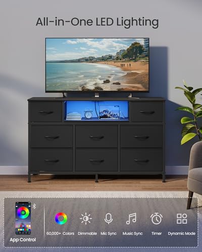 INK Black Dresser with Outlets & LED Lights - 8 Fabric Drawers, 44.8 W x 26.8 H