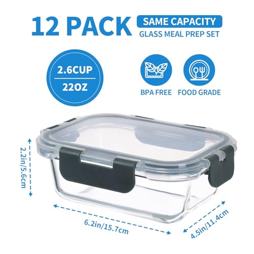 GULFLIN 12 Pack 22 oz Glass Meal Prep Containers with Airtight Lids, Gray