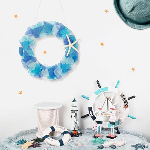 Blue Sea Glass Wreath - Handmade Coastal Beach Decor, 8.5 Inch