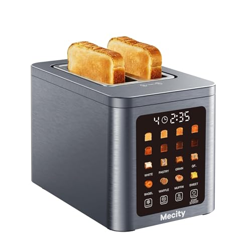 Mecity 2 Slot Smart Touchscreen Toaster - Brushed Stainless Steel Gray, Wide Slot, Auto Lift & Memory Function