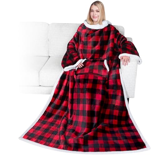 PAVILIA Sherpa Wearable Blanket with Sleeves, Checkered Red/Black 70x50 — Plush Cozy Throw for Adults