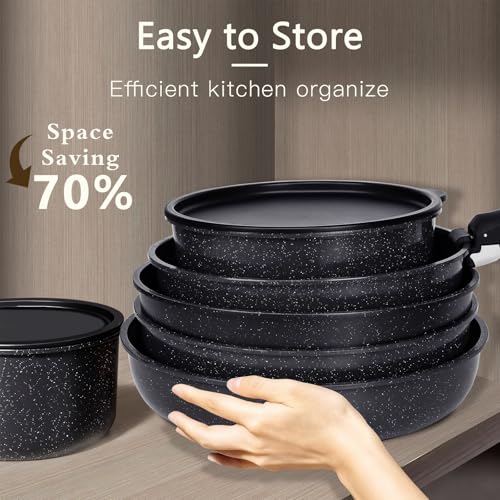 Ceramic Pots and Pans Cookware Set with Detachable Handle - Dark Gray 0801
