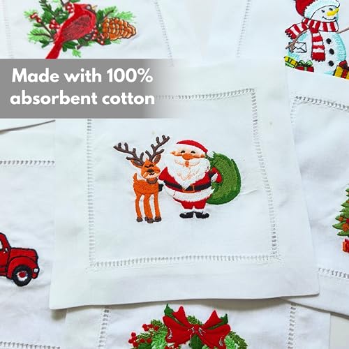 HCRAFT 6x6 in Christmas Cocktail Napkins - Embroidered Cotton Set of 6, Xmas Decorative