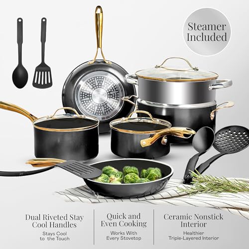 Gotham Steel 15-Piece Ceramic Nonstick Cookware Set with Steamer & Utensils
