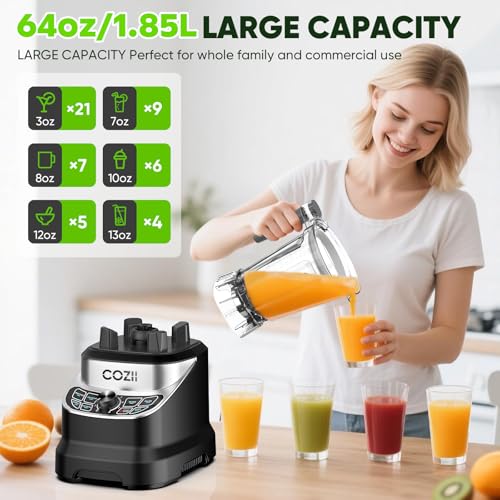 COZII Professional 2000W Countertop Blender with 64oz Pitcher & 21oz To-Go Cup - Black