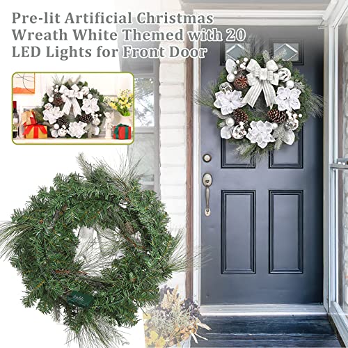 GarveeHome 24in Pre-lit Christmas Wreath with 20 LEDs – Silver White Magnolia Bow